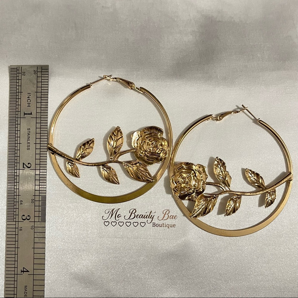 Gold Rose Hoop Earrings - Picture 3 of 6